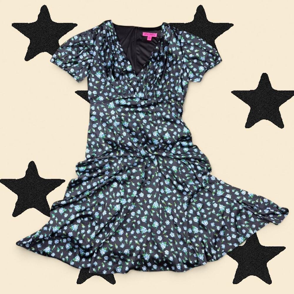 ★Betsey Johnson black floral midi dress with puff sleeves ★